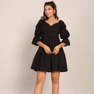 Black Solid Pleated Volume Sleeves Mini Dress Women Fashion 2025 Short Dress for Women Full Sleeves Designer Handmade One Piece