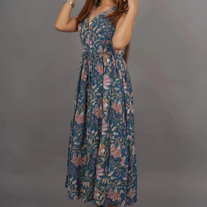 Hand Block Printed Cotton Maxi Dress Floral Handmade Summer and Autumn Season Nonwoven Weaving Method
