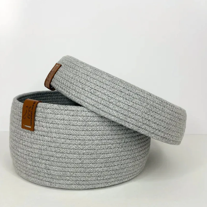 Home Decor White Cotton Rope Storage Basket With Lid Storage And