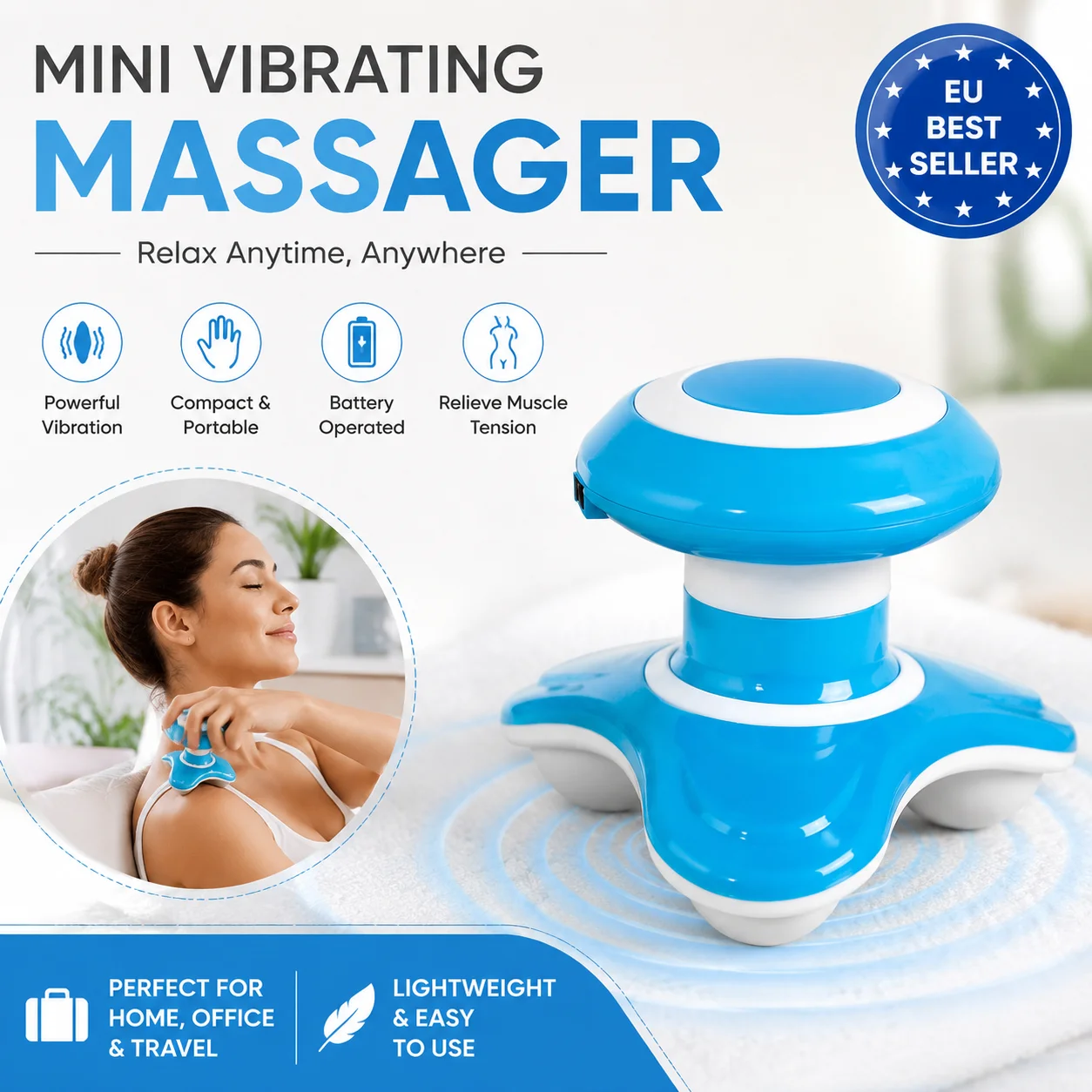 Portable Hand Held Mini Massager USB or Battery Electric Wave Vibrating  Body Massager