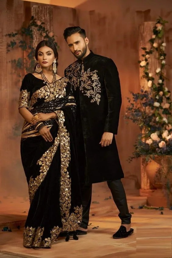 Designer Indian/Pakistani HEAVY ZARI EMBROIDERY on BLACK SAREE WITH STYLISH BLACK SHERWANI WITH PANT for PARTYWEAR/WEDDING@ 2024
