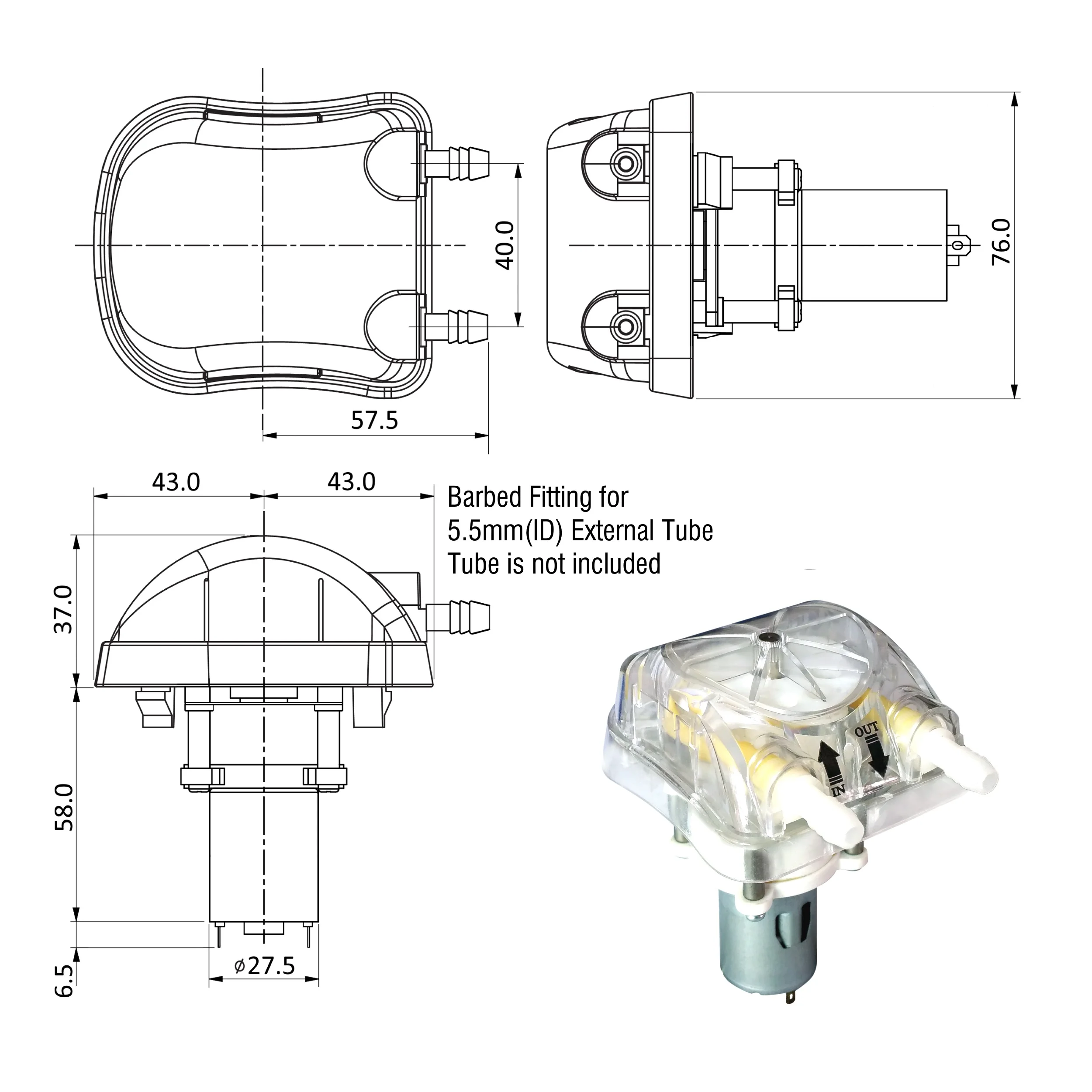 Peripump 500ml/mim, 12V Peristaltic Pump with Exchangeable Pump Head, and Tygon E-LFL Peristaltic Tube