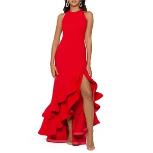 2026 Factory Custom Elegant Formal Banquet Round Neck Sleeveless Irregular Slit Skirt Red Banquet Women Evening Dresses
