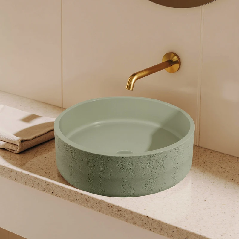 MOHOM Modern Concrete Basin Sink Handmade Grey Cement Counter Top Fluted Design Bathroom