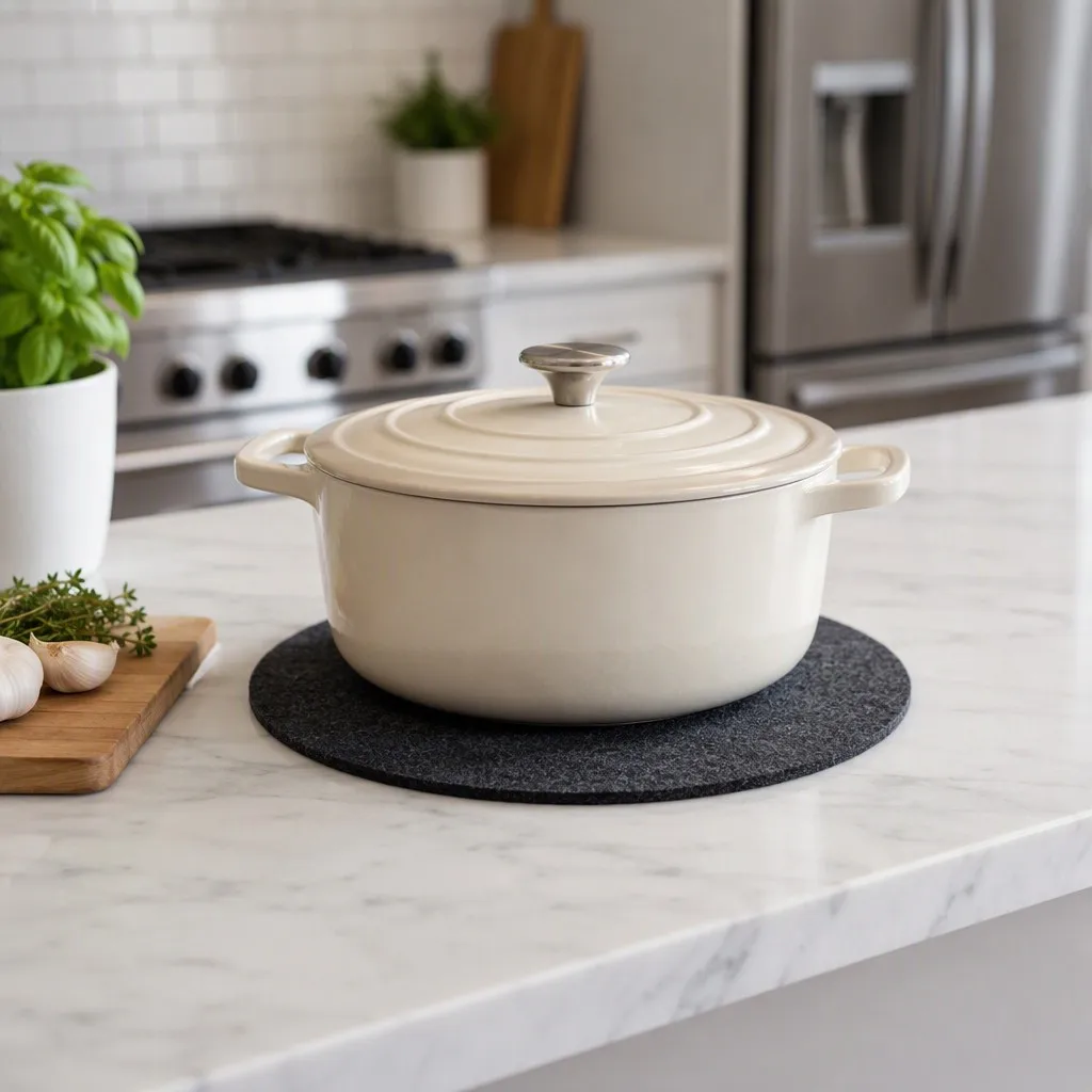 Round felt trivet mat beneath a casserole pot on a kitchen counter