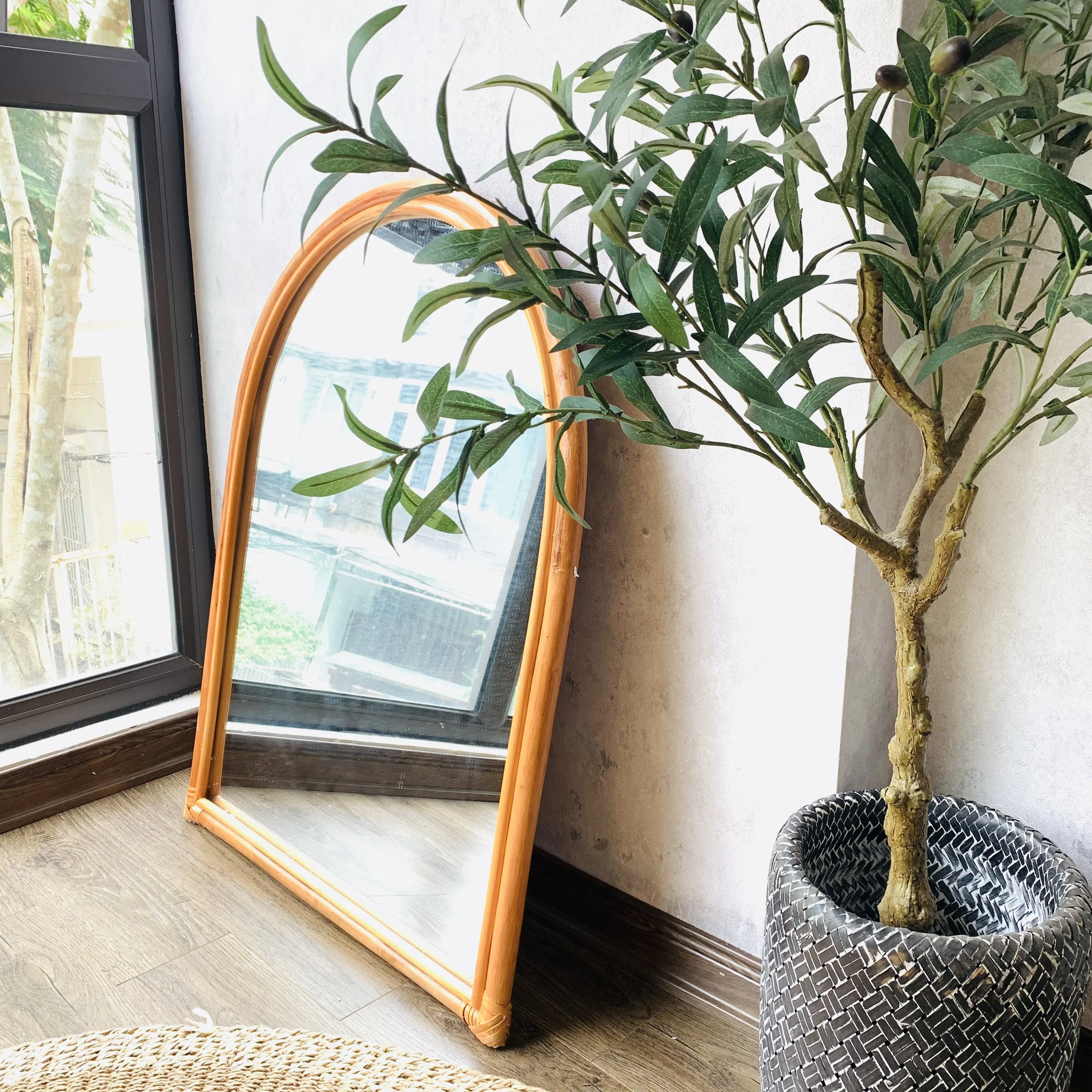 Boho Wall Decorative Handmade Rattan Cane Mirror Wicker Art Arch Cane