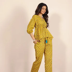 Yellow And Multi Hand block Motif Printed Lounge Wear 2 Piece Set Front Tie Tunic Tops And Straight Legs 100% Cotton Co-ord Sets