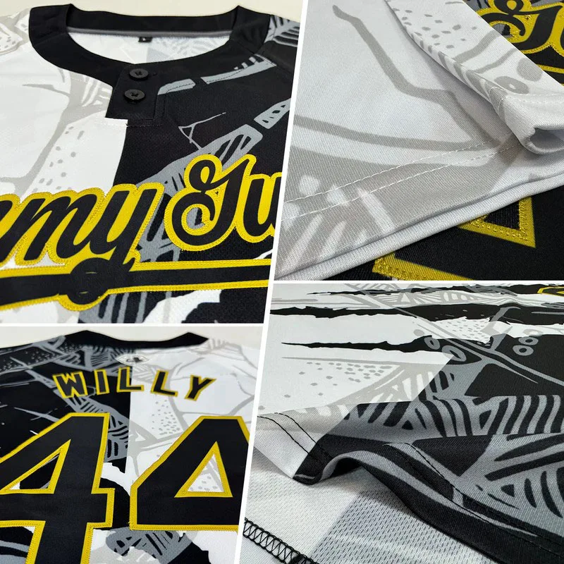 Custom 3D Two-Button Unisex Softball Jersey with Graffiti Pattern in Black and Old Gold Baseball & Softball Wear