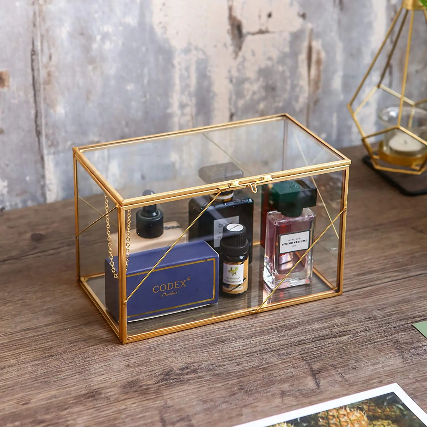 Standing Clear Glass Box Brass Metal Frame Tabletop Curio Case Shadow Box Jewelry Organizer Tabletop Display Box