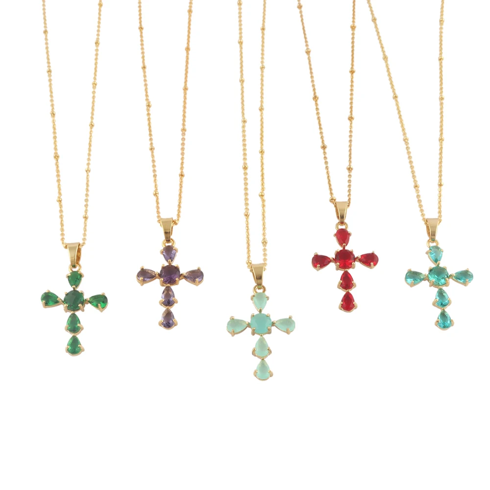 Christian Religious Necklace Multi Stone Aqua Chalcedony Prong Set