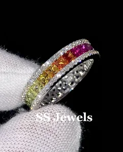 Unisex High Quality 925 Sterling Silver Wedding Band Multi-Color Gemstone Channel Set Princess Cut Moissanite Rhodium Rings