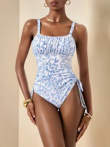 Women's Halter One-Piece Swimsuit Fresh Floral Print in S M L Sizes Eco-Friendly Digital Print with Ruffles Decoration