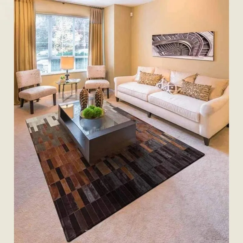 Custom Luxury Handmade Cowhide Patchwork Leather Area Rugs Striped New Home Living Room Prayer Carpets for Bedroom Handmade Home