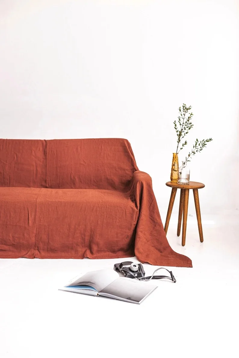 Rustic Boho Chic Natural Linen Sofa Slipcover Chic Bohemian Coverlet for Bedroom with Washable Linen Chic Bohemian Look