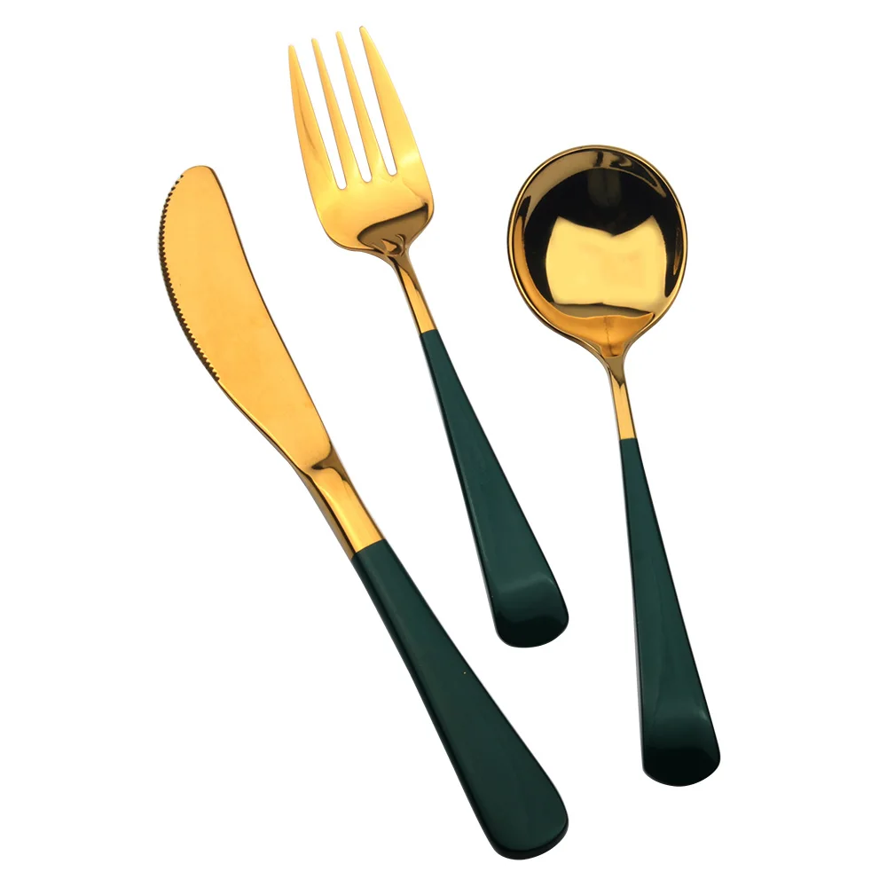 Amazing Green Ceramic Handle Spoon Fork Set In Gold Color Flatware Set Knotted Design Stainless