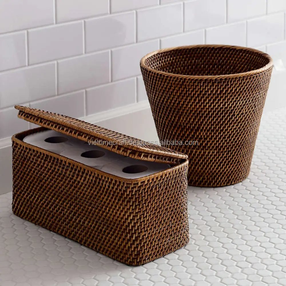 Wholesale Natural Rattan Bathroom Storage Set With Tray,Paper Holder
