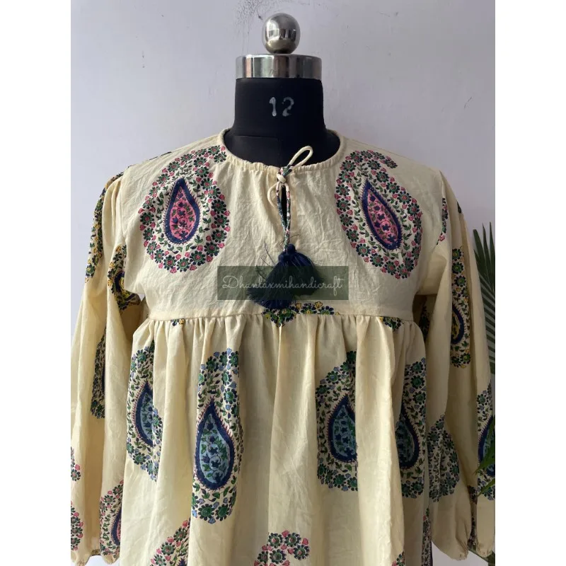 Hand Block Print Cotton Summer Mini Top Dress Hand Stitched Paisley Print Women's Beach Dress Casual Wear Top Ladies Blouse