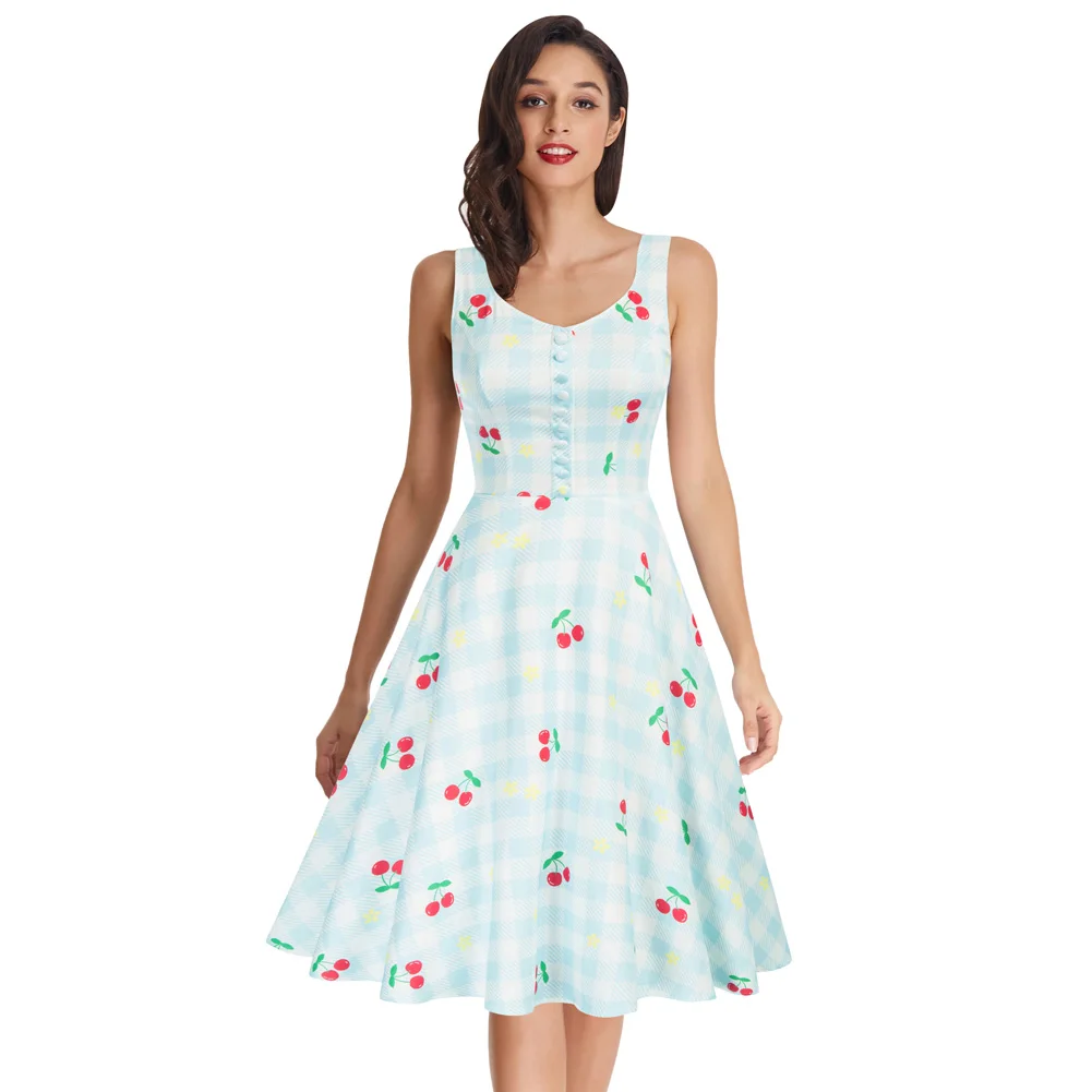 OEM Women Pineapple Pattern A-Line Retro Ladies Button Sleeveless Vintage Dress