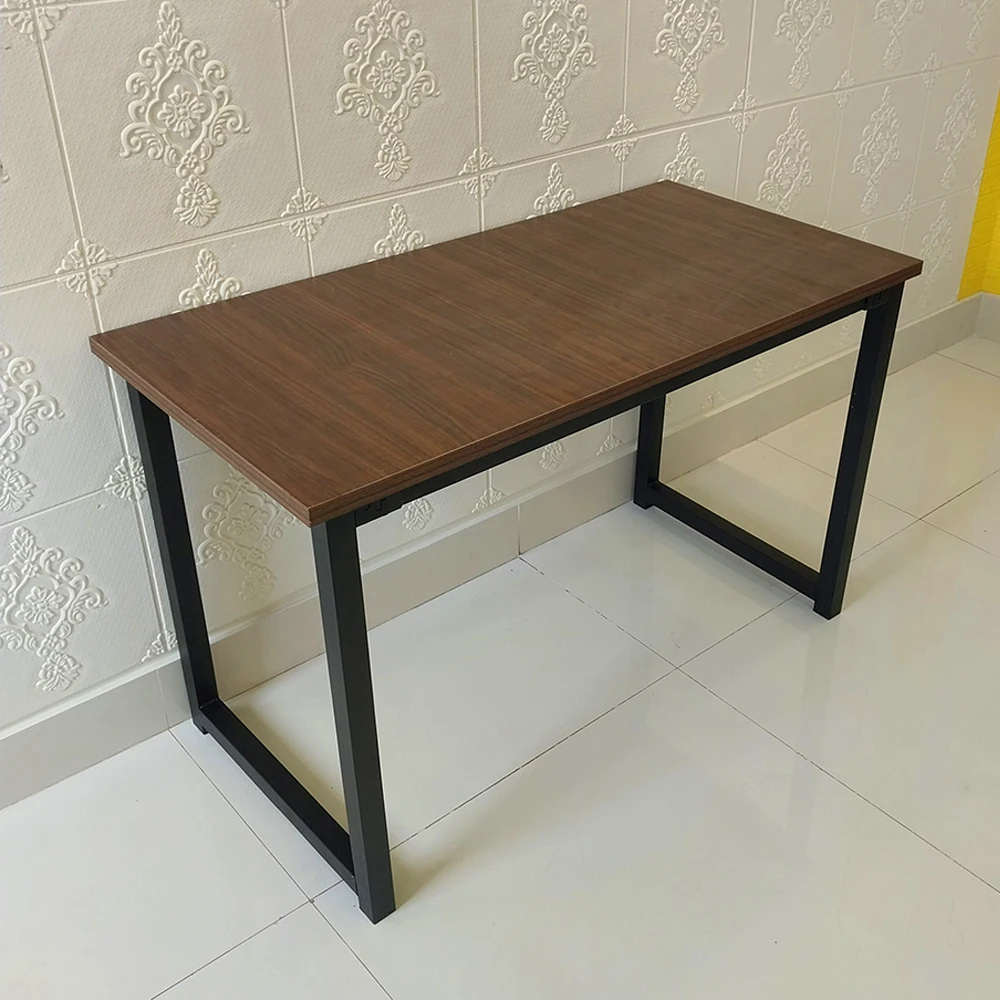 Modern Computer Desk Black Metal Frame Study Table Dark Brown Surface