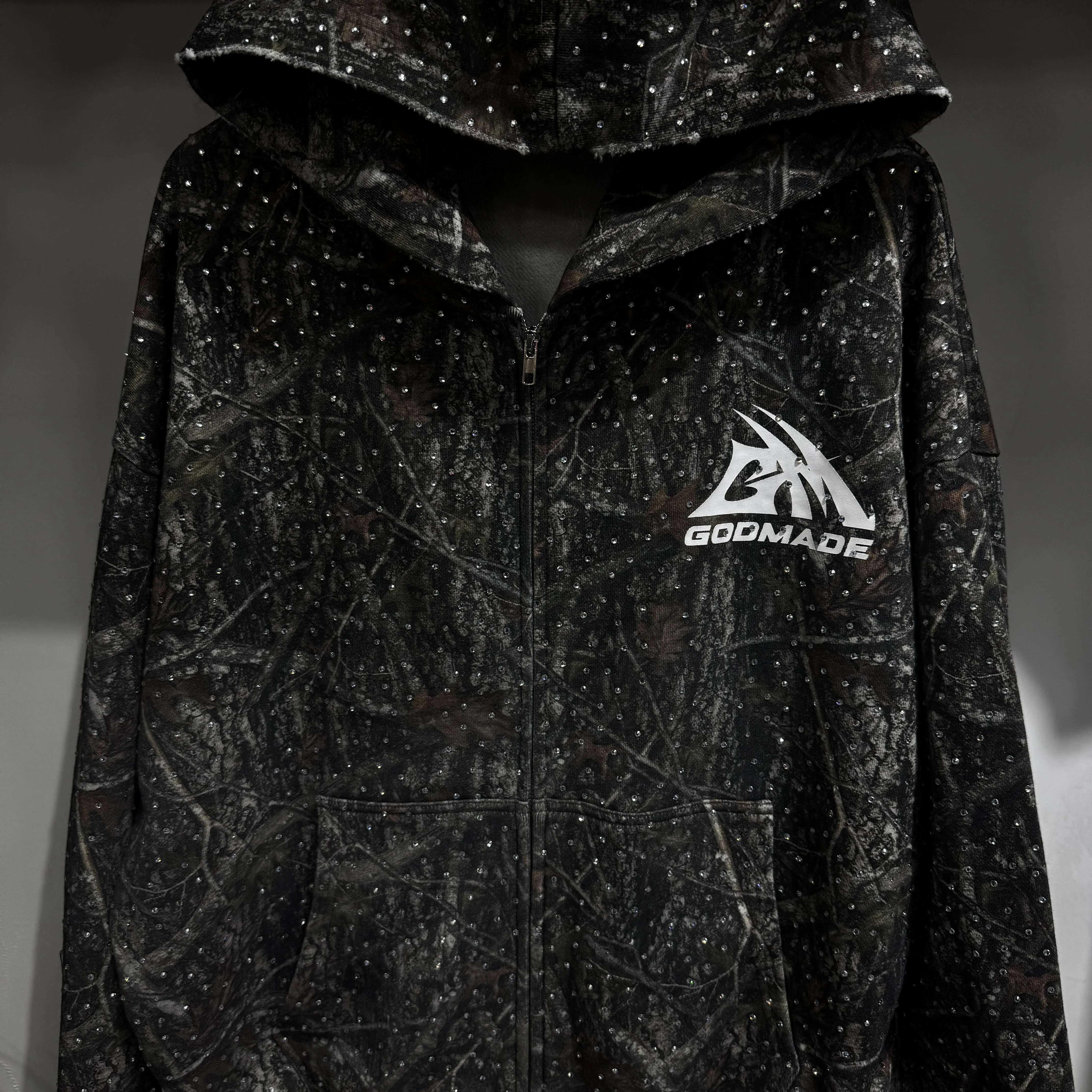 Streetwear Custom Distressed Vintage Washed Camouflage Real Tree Cotton Rhinestones Oversized Cropped Hoodie for Men gallery 5