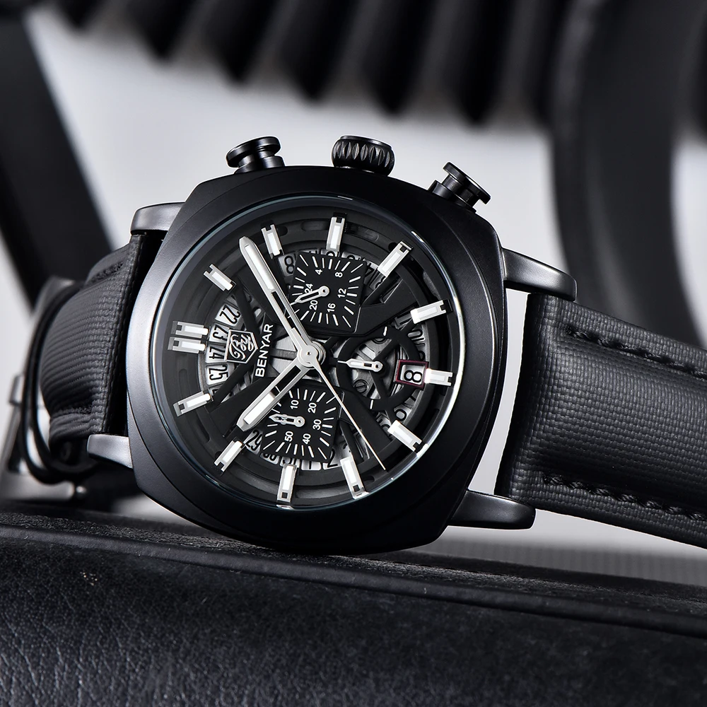 Benyar 5205 New Fashionable 43mm Luminous Dial Men's Quartz Wristwatch Chronograph 50m Waterproof Men's Watch Masculino