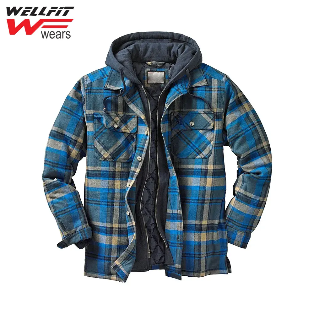 Men's Flannel Shirt Jacket With Removable Hood Plaid Quilted Lined