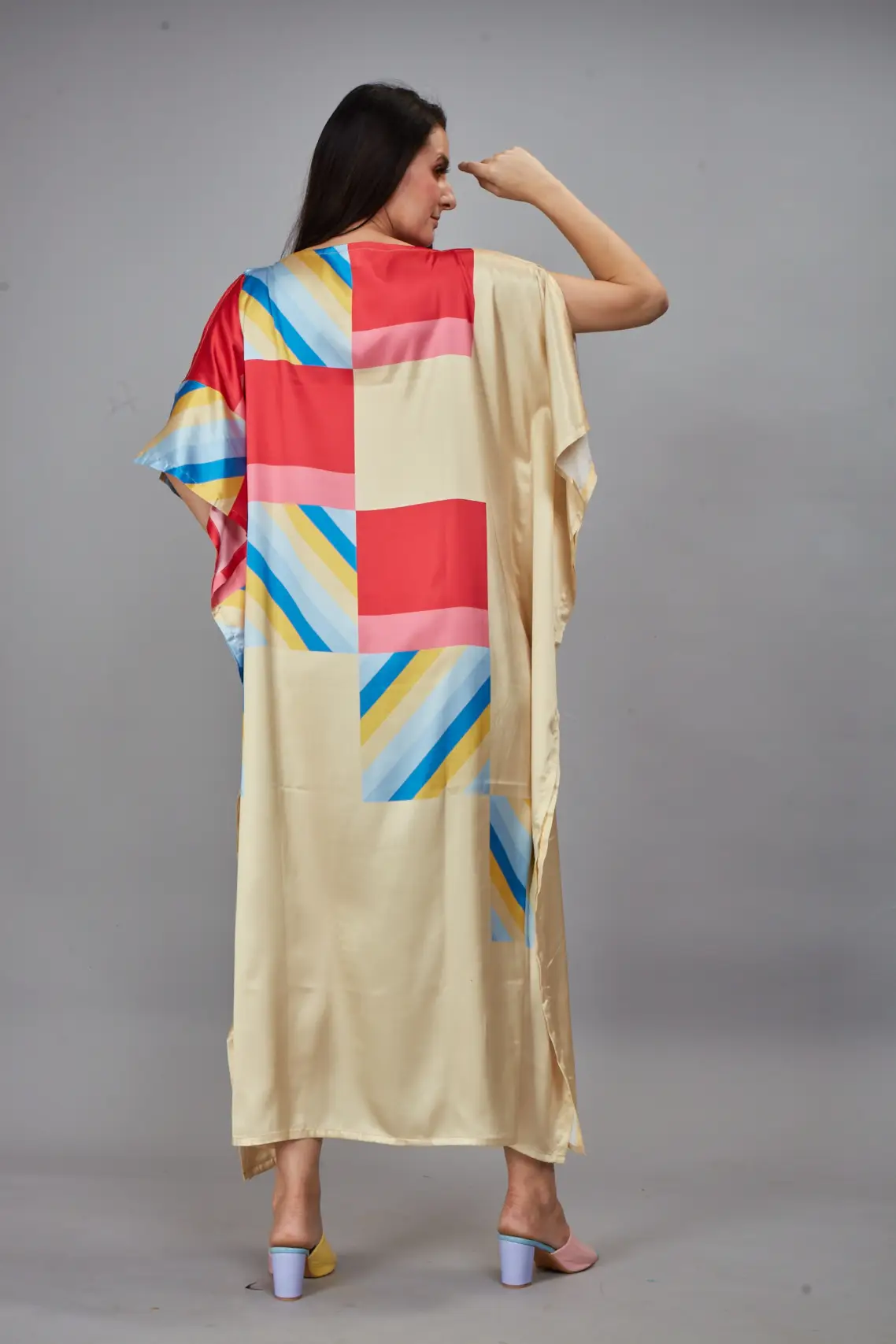 Multi Color Luxury Soft Satin Silk Kaftan Dress Womens Maxi Beachwear ...