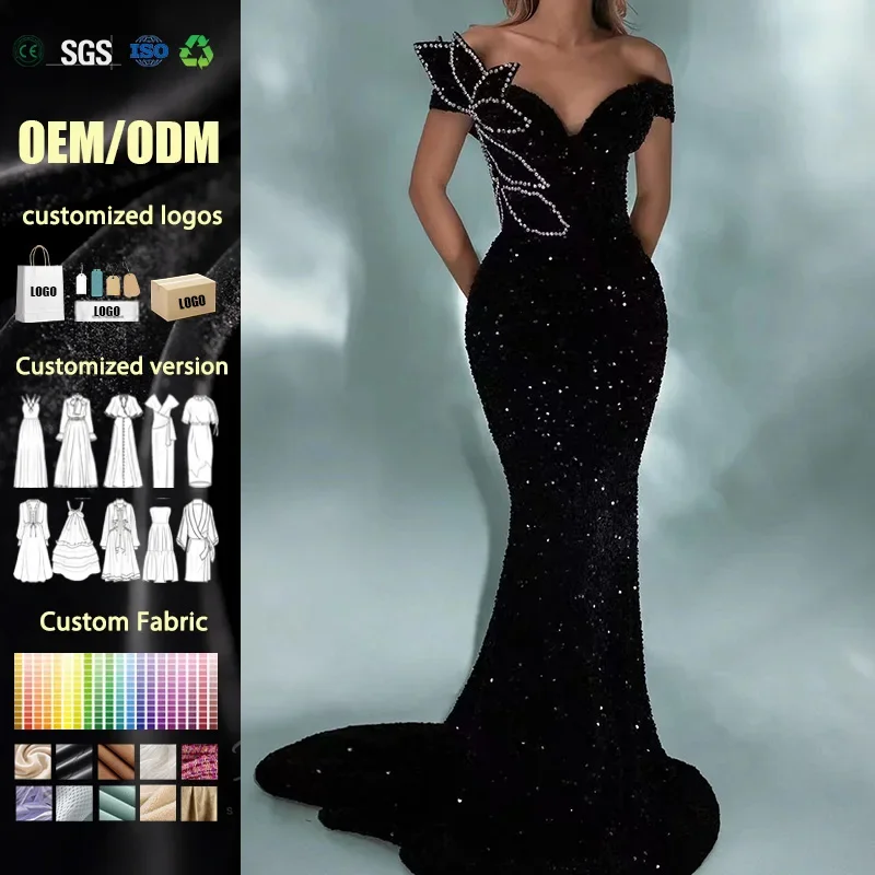 Clothing Manufacturers Women High-end Off the Shoulder Black Sequin Sparkly Rhinestones Evening Beading Sexy Evening Dress