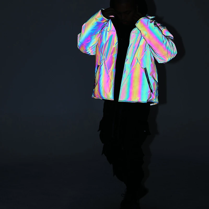 Glow Rainbow Custom Hip Hop Black Reflective Jacket for men and women,2020  new fabric safety jacket (XL, black rainbow) 