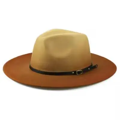 Men Women Wide Brim Wool Felt Panama Gradient Cowboy Cap Feather Jazz Hat Retro