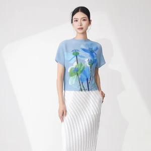 High Quality Summer Ladies Pleated Tops Stretch Casual Tops Printed Polyester Fabric Miyake T-Shirt