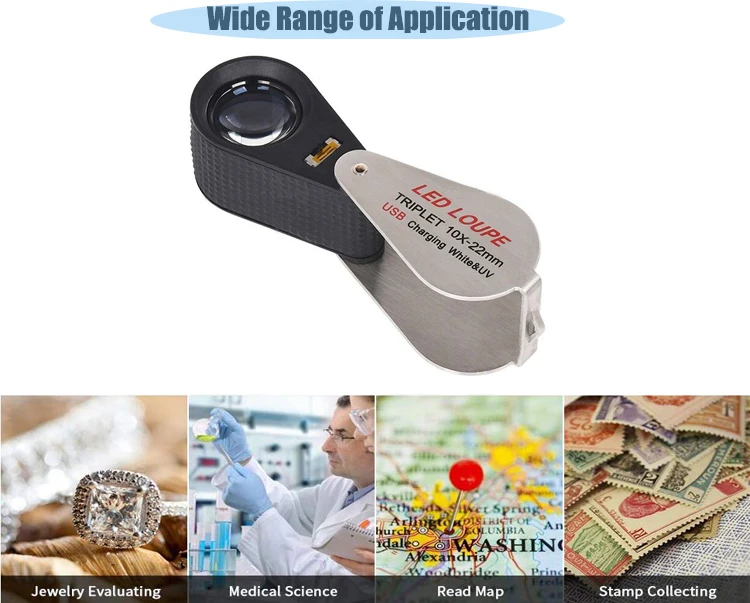 10X Amplification Magnify Glass with UV and LED Light USB Rechargeable Foldable Diamond Jewelry Gem Loupe