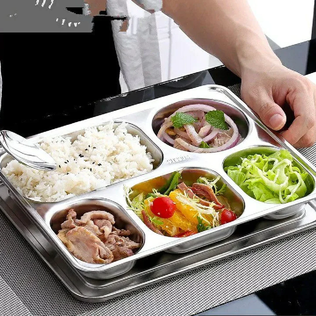 Plateau Repas Divisé 4 Compartiments En Acier Inoxydable 304 – Grand Format, Anti-Débordement, Idéal Camping, Pique-Nique & Quotidien
