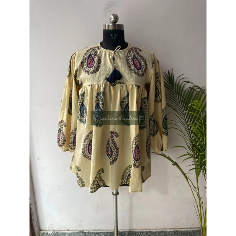 Hand Block Print Cotton Summer Mini Top Dress Hand Stitched Paisley Print Women's Beach Dress Casual Wear Top Ladies Blouse