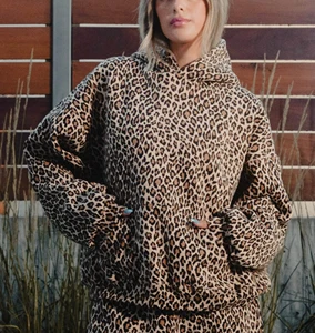 Women's Custom Leopard Print Hoodie 100% Cotton Pullover Sweatshirt Embroidered Detail Loose Fit Long Sleeve Hooded Top Winter