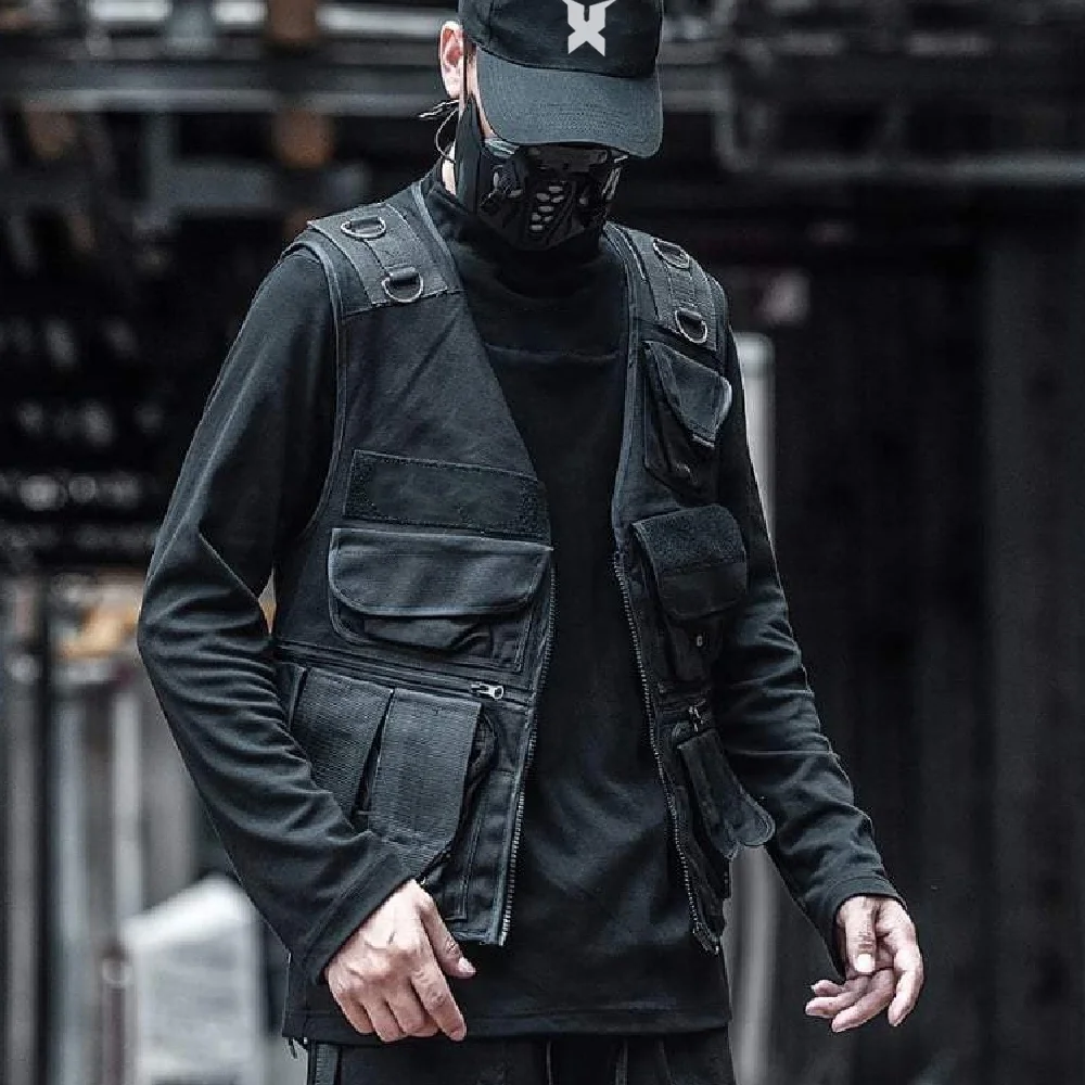 OEM Men Techwear Cargo Vest With Pockets Black Streetwear Shinobi Flak Vest Cyber Techwear Vest Warcore Tacticale Ninja Jacket
