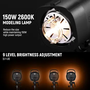 NEEWER S101-300W Strobe Flash Light With 9 Levels 150W Modeling Lamp, 300Ws GN58 5600K With Standard Bowens Mount Reflector, S1 detail image