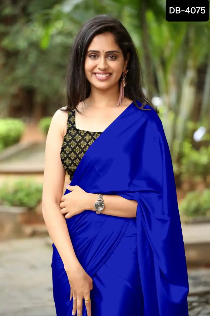 Latest Plain Satin Silk Saree with Jacquard Silk Blouse Pieces Party Wear Fancy Saree Indian and Pakistani Salwar Kameez Suit