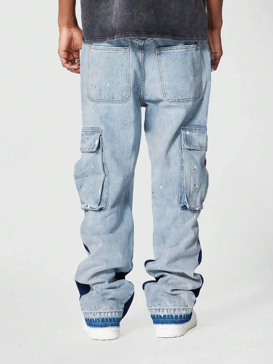 High Quality Streetwear Custom Contrast Color Paint Splatter Slim Flared Jean Stacked Flare Denim Pants Men_voghion.com