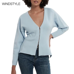 Knitted Cardigan Autumn V-Neck Breathable Simple Casual Solid Zipper Waist-Cinching Slimming Sweater Coat