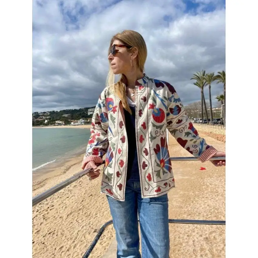 2025 New Women's Suzani Embroidered Vintage Bomber Jacket Long Boho Floral Design Autumn/Winter 100% Cotton Eco-Friendly