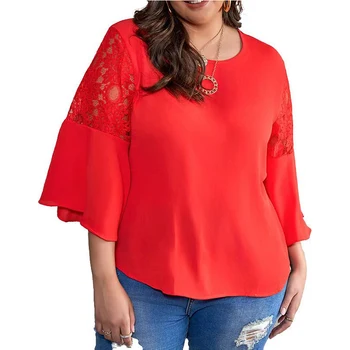 Womens Plus Size Flattering Lace Top - Casual & Fashionable with Bell Sleeves and Round Neck - A Feminine Touch for Everyday