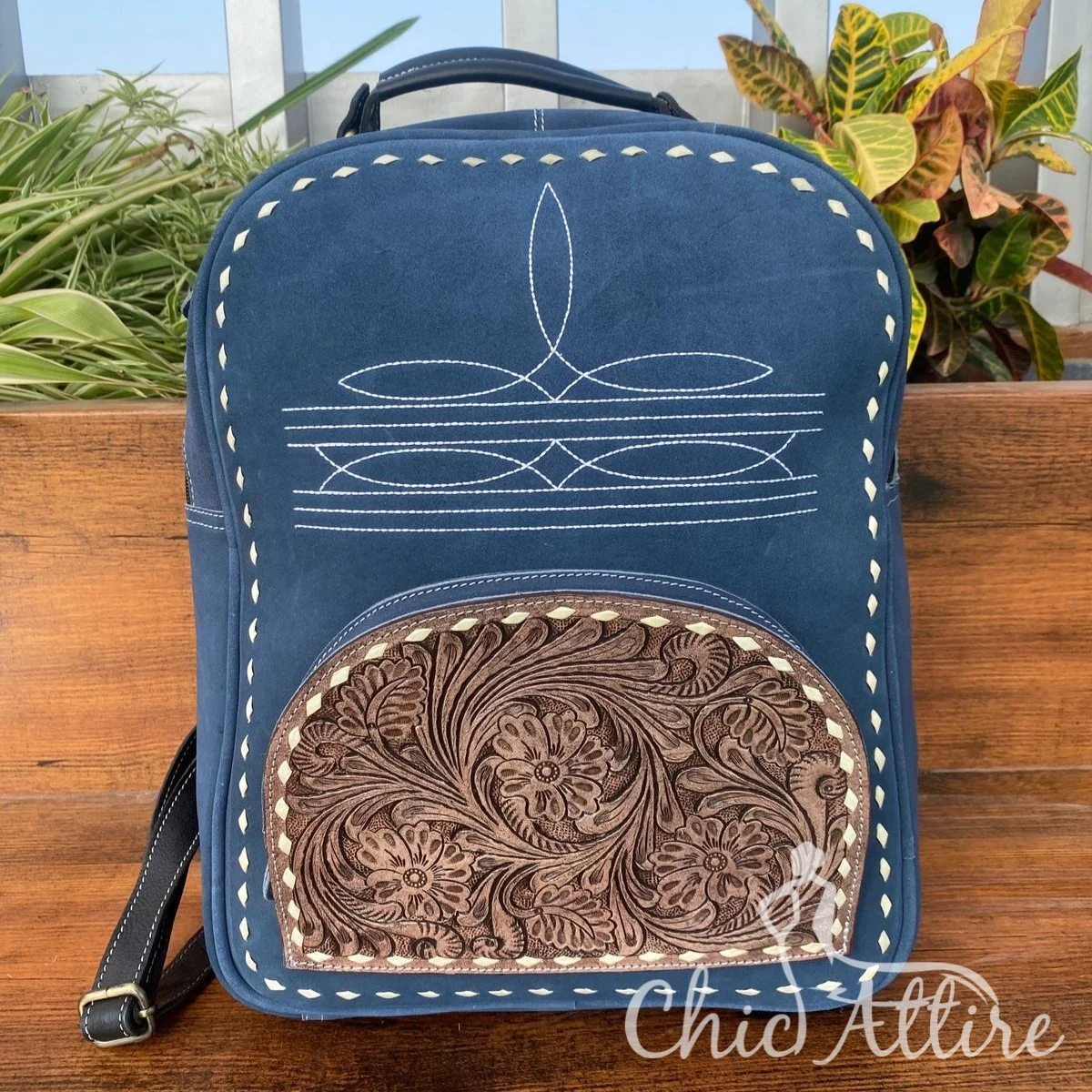 Hand Tooled Blue Suede Leather Boot Stitch Backpack Western Floral Concealed Carry Travel Luxury Cow Leather Laptop Backpacks