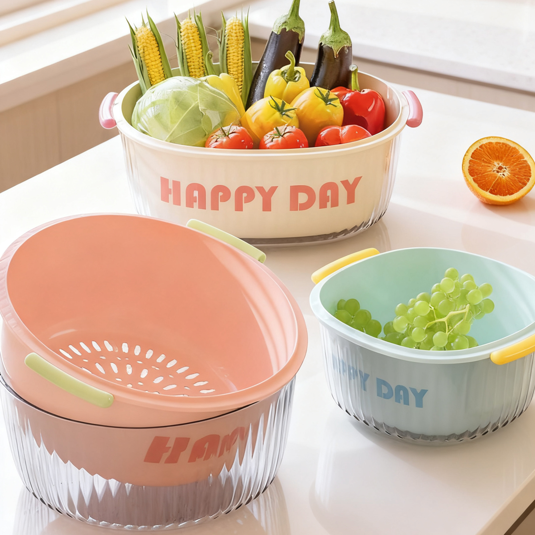 Cesta de Armazenamento para Cozinha com Estrutura de Plástico PP de Dupla Camada de Grande Porte, com Design Furado e Função de Escorrimento para Lavar Legumes e Frutas