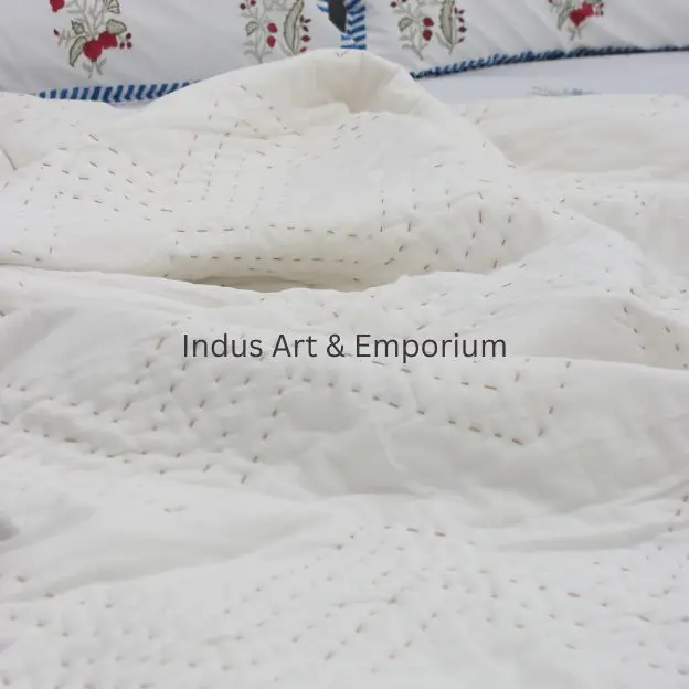 White Plain Kantha Double Bed Quilt Set With Two Pillow Cases Block