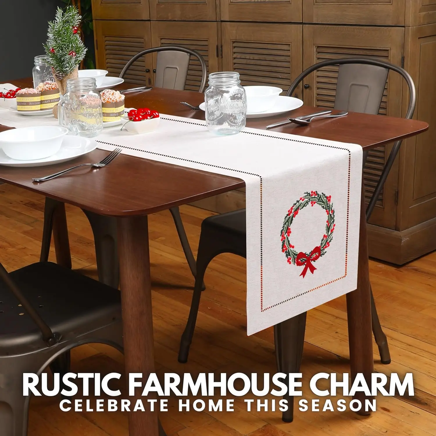 Custom Embroidery Christmas Hemstitch Table Runner For Summer Wedding