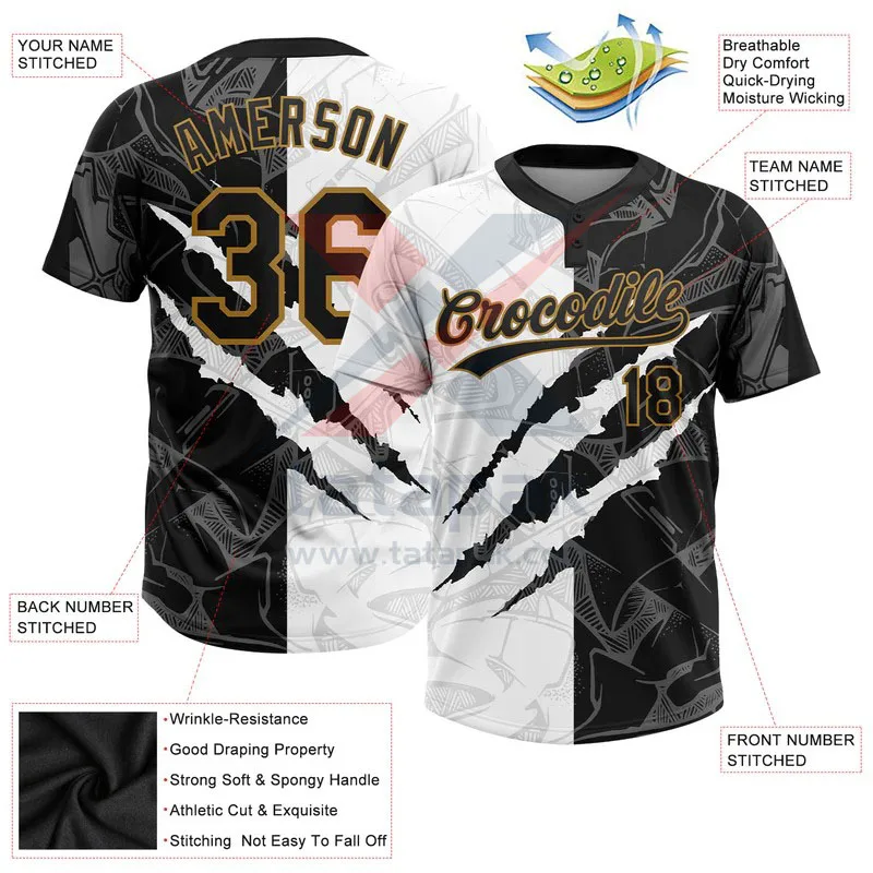 Custom 3D Two-Button Unisex Softball Jersey with Graffiti Pattern in Black and Old Gold Baseball & Softball Wear