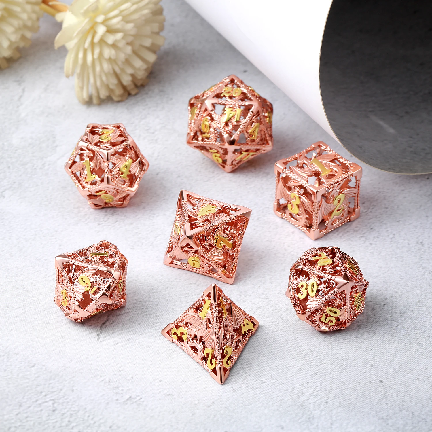 Wholesale Hollow Metal Dice Dragon,7 Pcs Polyhedral Die With Metal Gift