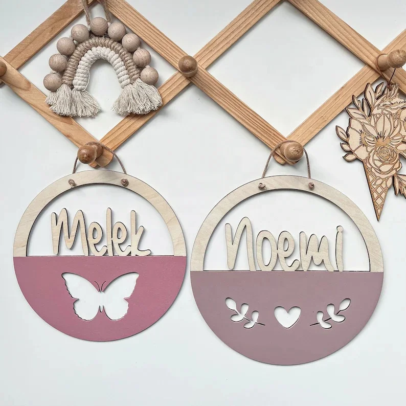 Round Wooden Photo Frame with Personal Name Engraved Gentle Pastel Printed for Bedroom Hanging Decor or Home Storage Design