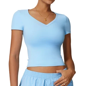 New Neck Round Quick Dry Women Sportswear Running Training T-Shirt Workout Gym Fitness Yoga Crop Top